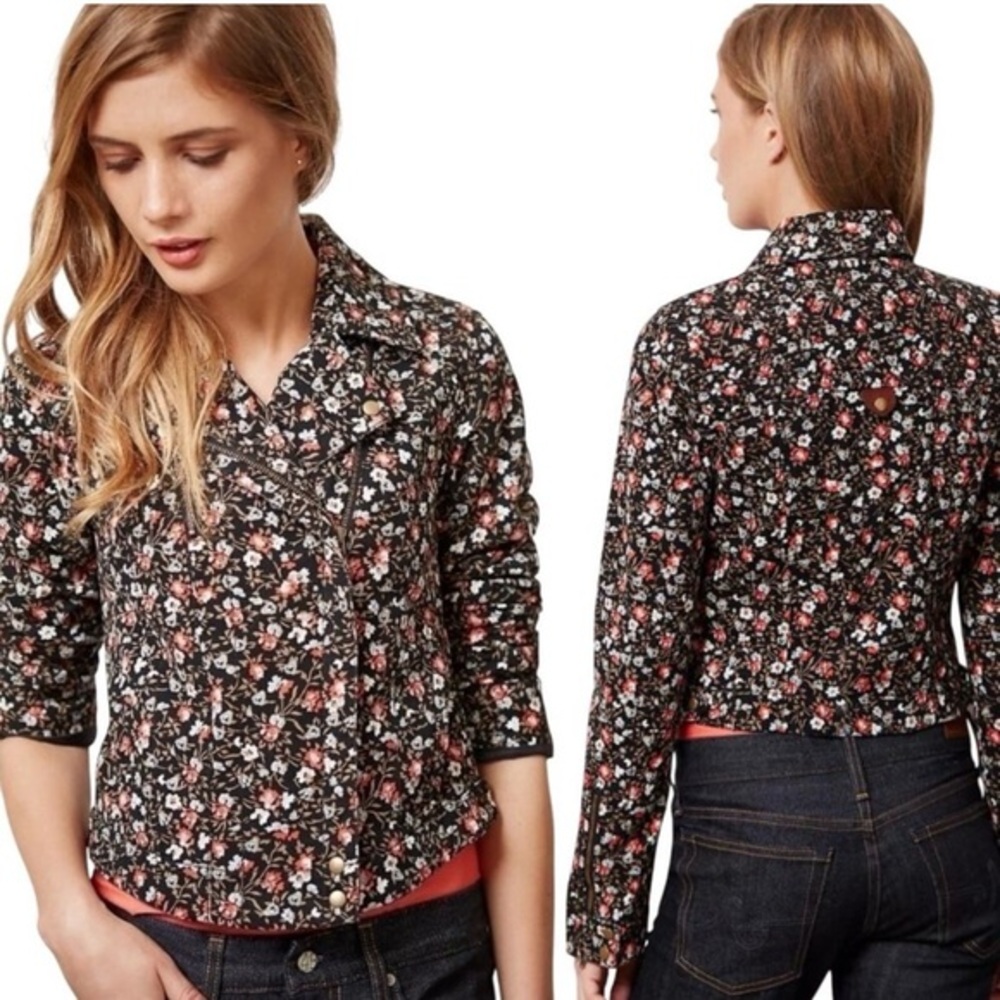 Anthro Hei Hei Quilted Moto Jacket Floral Black Size 10 Biker Zip Crop